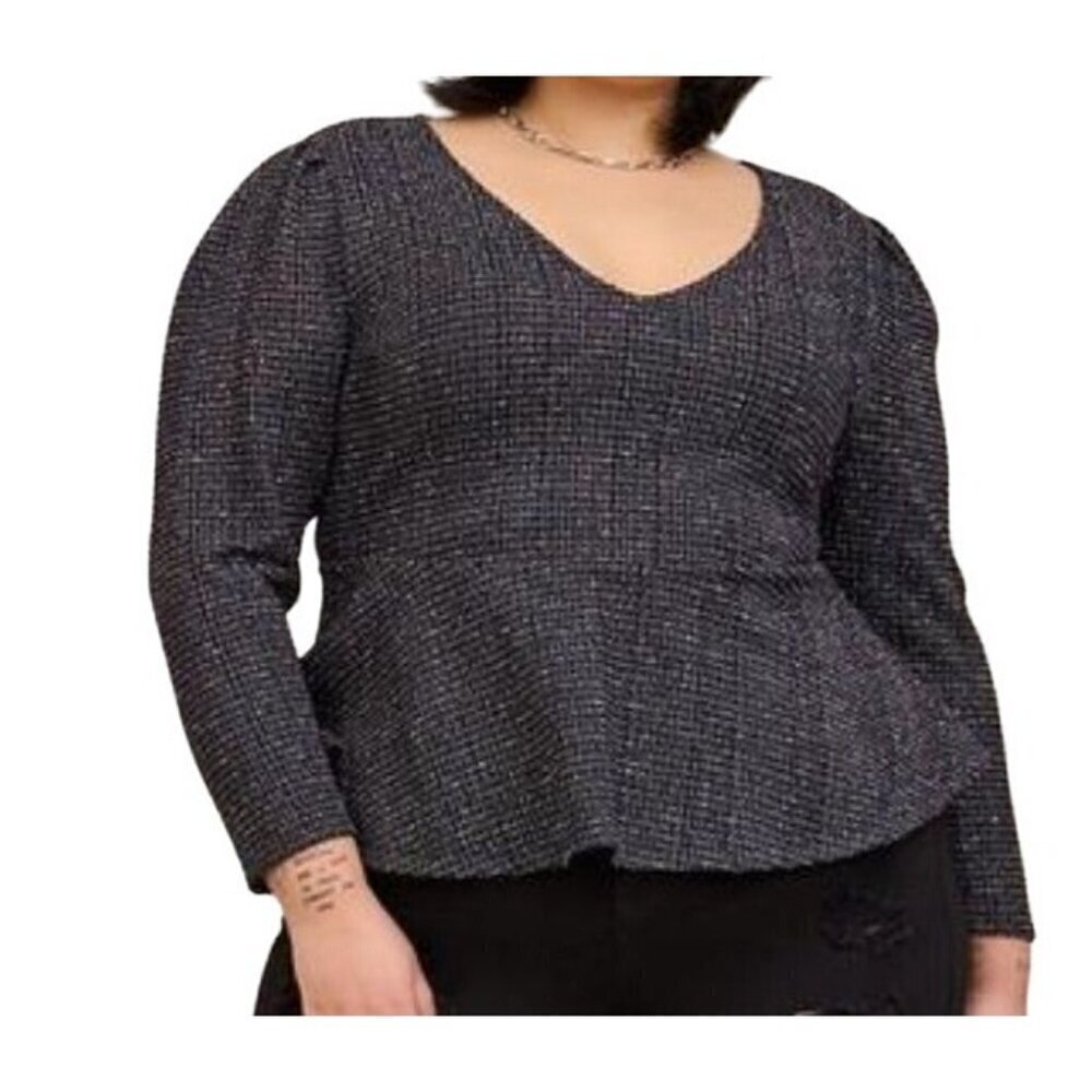 Torrid Top Women 2X Black V Neck Rainbow Boucle Pullover Metallic Peplum Neutral
